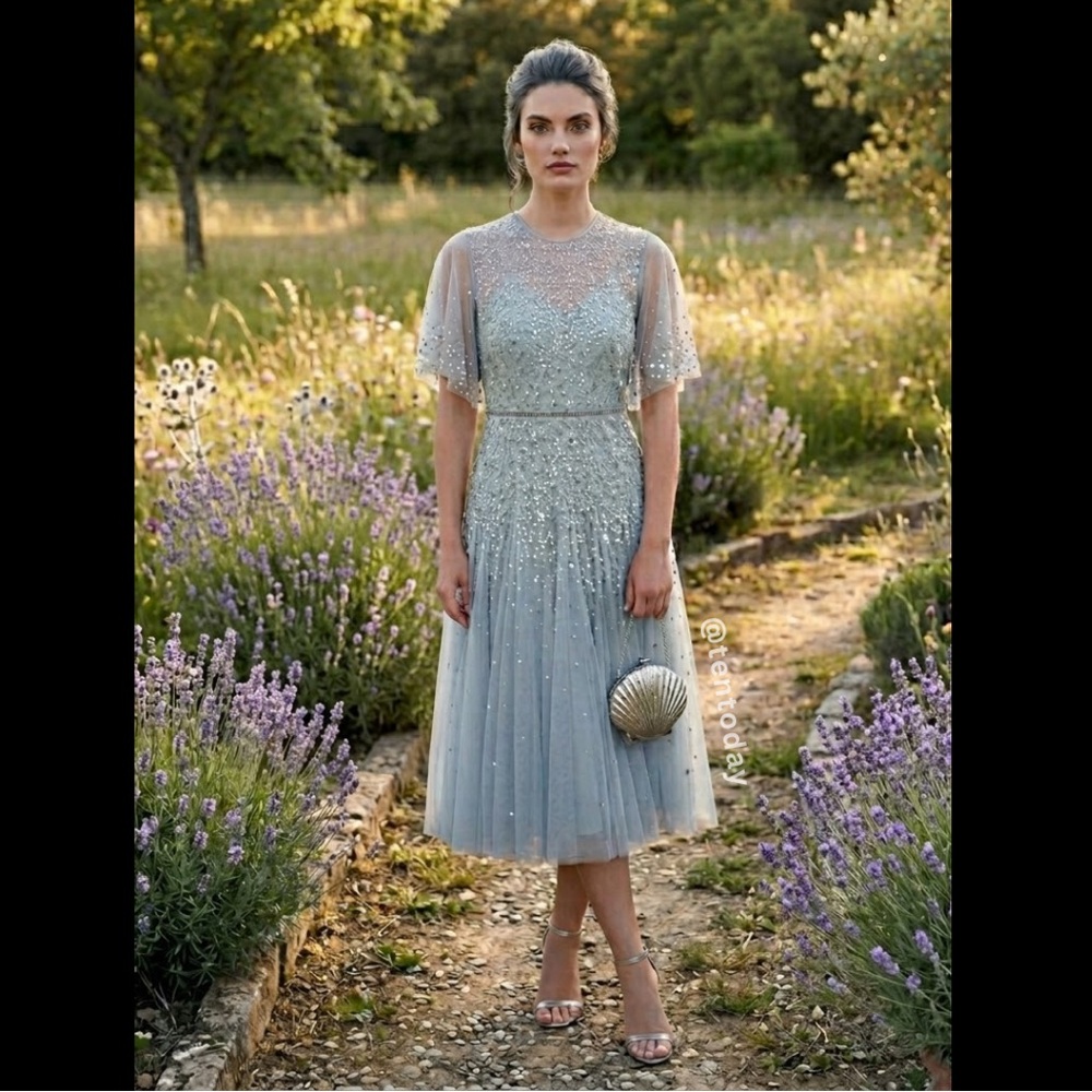 $598 Mac Duggal Size 6 Blue Sequin‎ Beaded High Neck Midi Tea Length Gown Dress